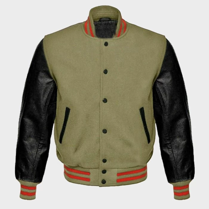 Veste Universitaire De Baseball Letterman En Laine Beige Crème Avec Manches En Cuir Véritable Noir