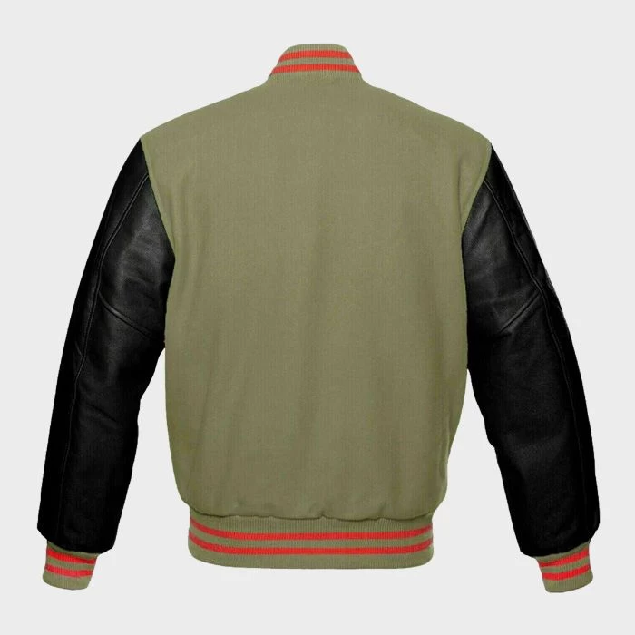 Veste Universitaire De Baseball Letterman En Laine Beige Crème Avec Manches En Cuir Véritable Noir – Image 2