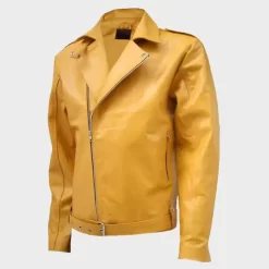 Veste Motard En Cuir Jaune à Col Pointu Pour Homme