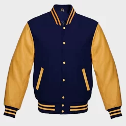 Premium Letterman Baseball School College Bomber Varsity Jacket Bleu Marine Et Or Manches En Cuir Véritable