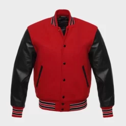 Blouson De Baseball Aviateur En Laine Rouge Varsity Letterman Manches En Cuir Noires