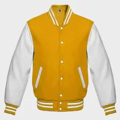 Varsity Baseball Veste En Laine Jaune à Manches En Cuir Blanc