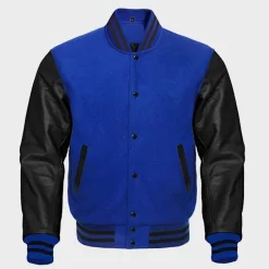 Veste Letterman En Laine Bleu Universitaire Et Manches En Cuir Noires