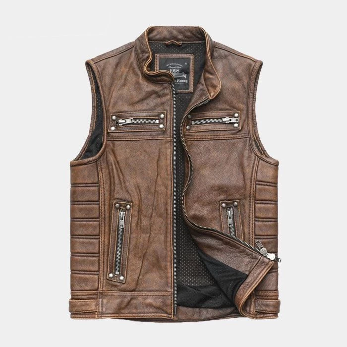 Gilet De Moto En Cuir Marron Vintage – Image 3