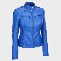 Veste En Cuir Bleu Classique Pour Femme