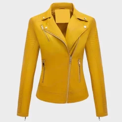 Veste En Cuir à La Mode Jaune Pour Femmes